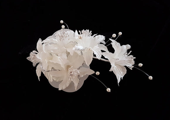White Flower Corsage with Mesh and Pearls